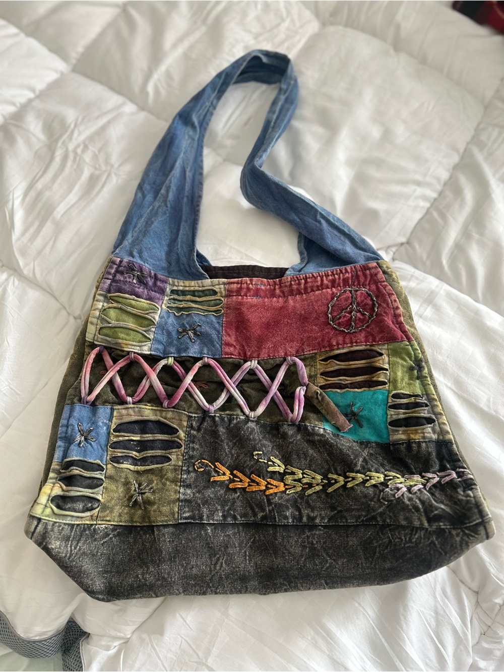 Vintage Rising International Multicolor Patchwork Shoulder Bag with Blue Strap